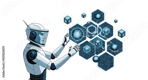 Robot Interacting with Futuristic Digital Interface and Hexagonal Data Structures, Generative AI.