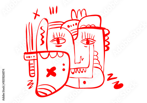 abstract, and cubist style illustration featuring overlapping faces and figures