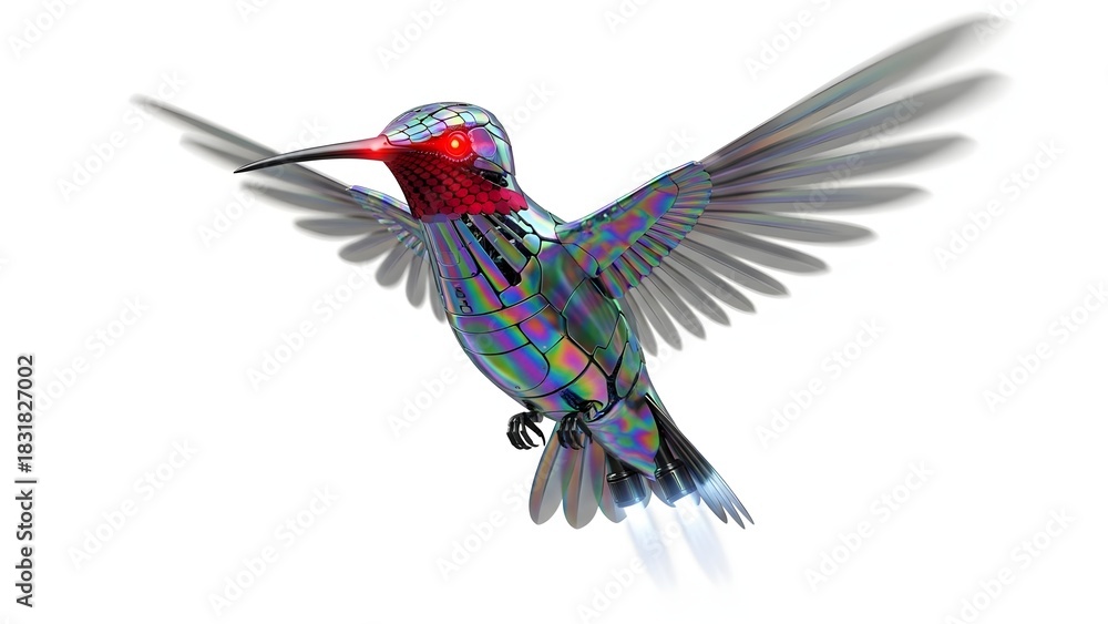 Obraz premium Hummingbird in flight with vibrant iridescent feathers isolated on white background