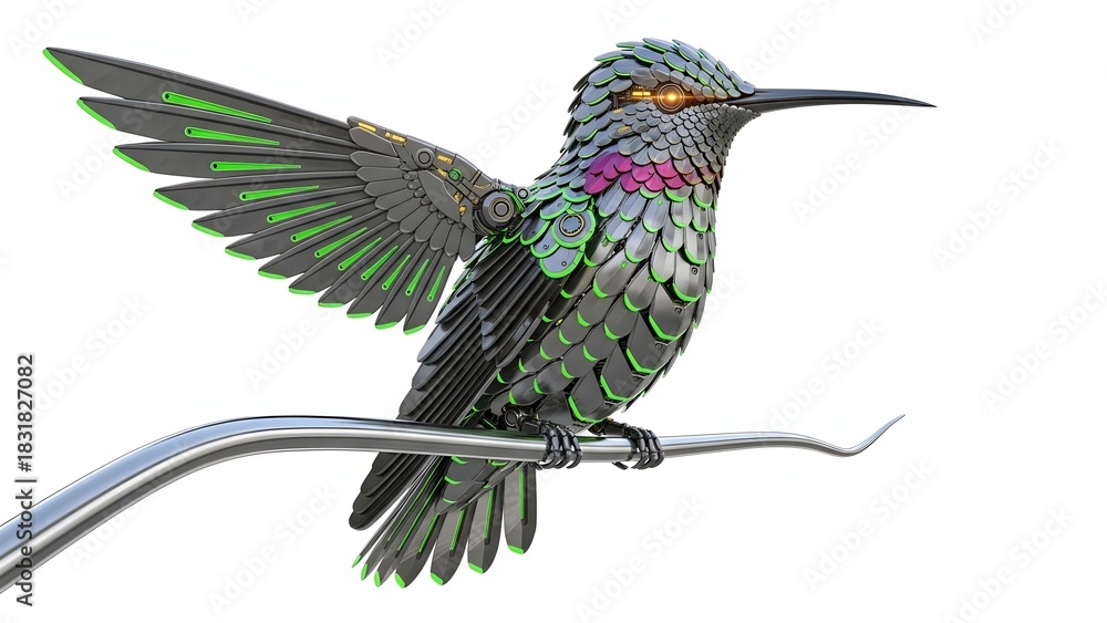 Fototapeta premium Detailed metal sculpture of a hummingbird perched on a branch isolated on white background