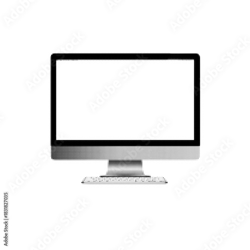 Halftone illustration of a computer monitor with a blank screen, minimal modern design, black dotted outline on white background.