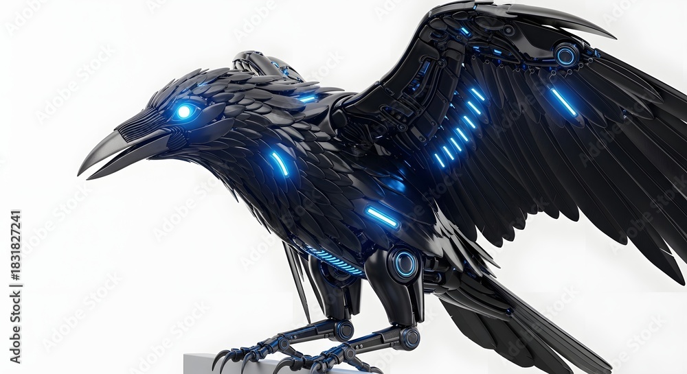 Naklejka premium Mechanical raven with glowing blue eyes and accents isolated on white background