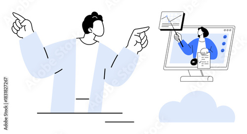 Virtual presentation. Individuals engaged in an online session with charts and analytics. Virtual presentation emphasizing remote teamwork and digital communication. For education, business