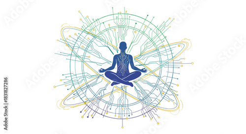 Silhouette of a person meditating in a lotus position surrounded by a celestial chart, Generative AI.