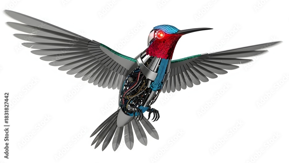 Fototapeta premium Hummingbird in flight with wings spread isolated on white background