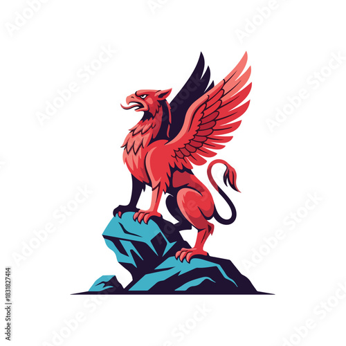 Majestic red griffin perched atop a vibrant blue rocky mountain illustration.