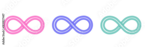 Set of three colorful neon infinity symbols glowing brightly isolated on a clean white background representing eternity and endless possibilities with a modern aesthetic