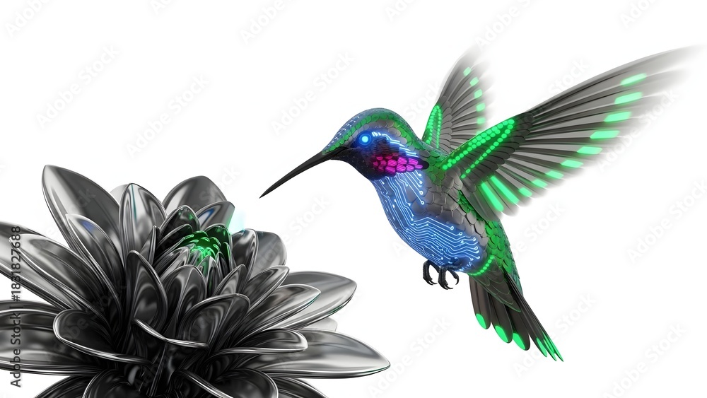 Fototapeta premium Hummingbird approaching a flower isolated on white background