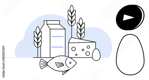 Milk carton, cheese, fish, egg, and wheat plants represent food groups. Ideal for nutrition, health, meal planning, diet choices balanced eating food education simple flat metaphor
