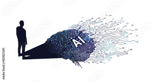 Silhouette of a person observing a digital brain exploding into circuits representing artificial intelligence, Generative AI.