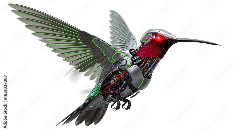 Naklejka premium Mechanical hummingbird sculpture with intricate details isolated on white background