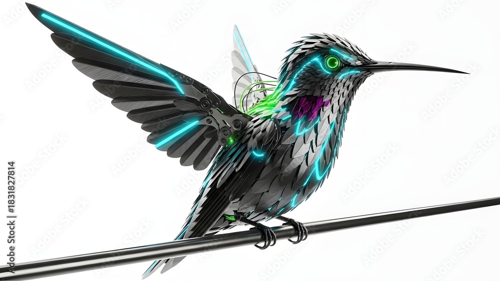 Fototapeta premium Metallic hummingbird sculpture with iridescent feathers perched on a wire isolated on white background