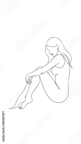 Woman sitting with knees hugged line art hugging knees