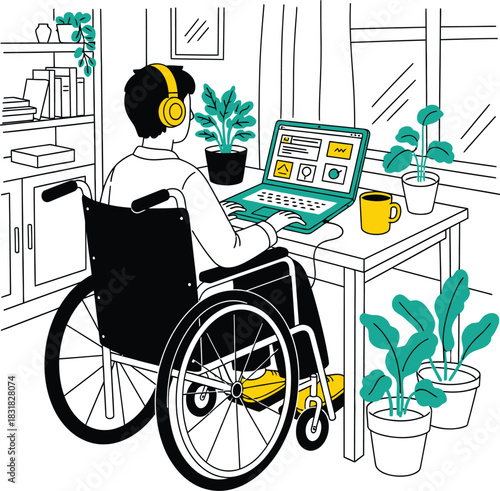 Man in Wheelchair Working on Laptop at Home Office with Headphones Vector