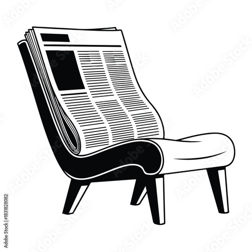 Newspaper chair illustration black and white minimalist design.