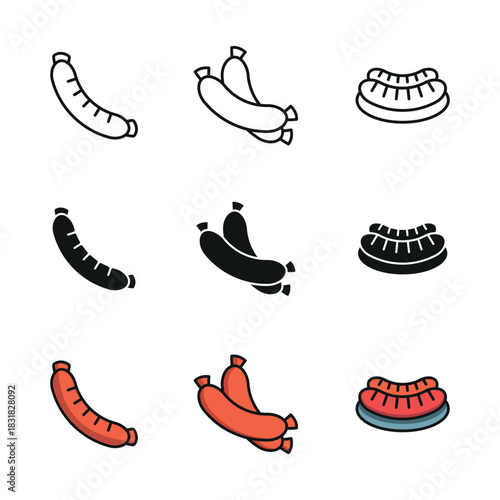 Sausage set icon line glyph color for food meat snack and grill illustration