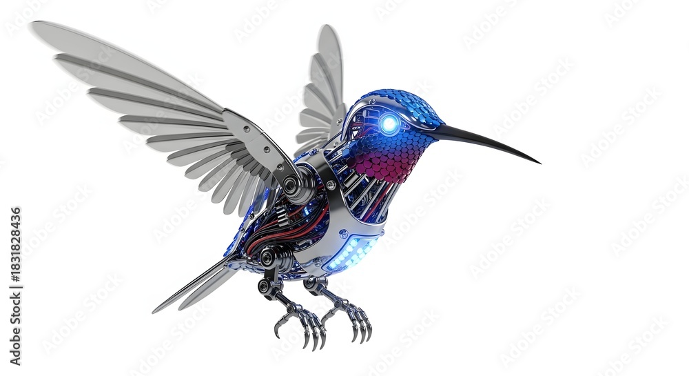 Obraz premium Mechanical hummingbird with glowing blue eyes isolated on white background