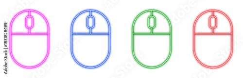 A vibrant set of four computer mouse icons glowing with colorful neon light on a clean white background, representing digital technology and online connectivity in a modern design