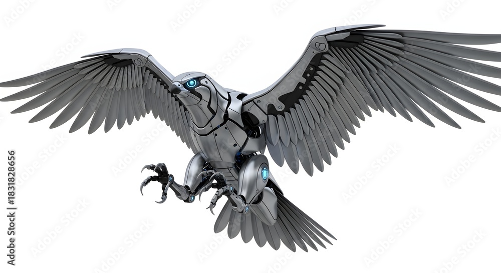 Fototapeta premium Mechanical bird with open wings in flight isolated on white background