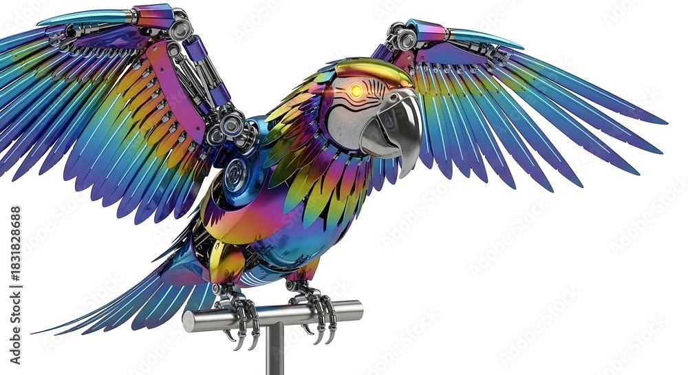 Obraz premium Colorful metal parrot sculpture with wings spread isolated on white background