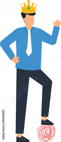 Businessman wearing crown solving problem business success leadership concept confident manager career achievement victory pose untangling chaos successful leader corporate king problem solution