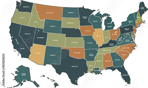 Colorful map of the united states showing all states isolated on white background