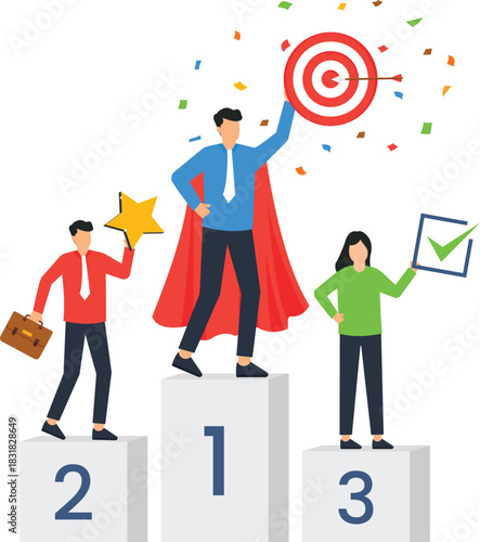 Business winner on podium celebrating success with target and superhero cape. Goal achievement in corporate competition. Top performance market leader first place victory.