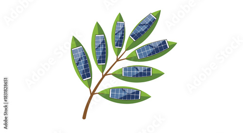Solar panel leaves on a branch representing green energy and technology, Generative AI.