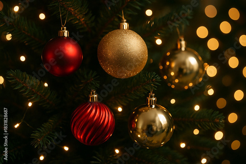 christmas tree decorations and lights closeup looking at the night