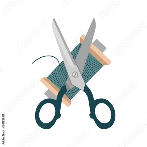 Scissors and thread spool a tailors essential tools for sewing.