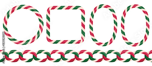 Candy cane border set with square, circle, and oval christmas frames, striped lollipop festive style,