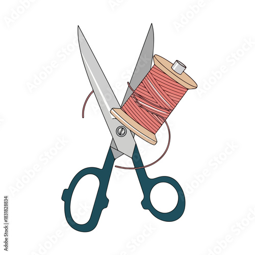 Scissors and thread spool a creative sewing and tailoring concept.