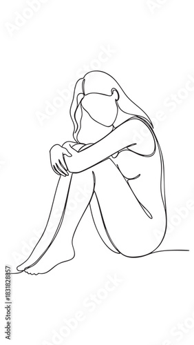 Woman curled up in a fetal position line drawing hugging knees