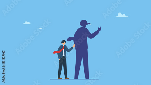 Dishonesty businessman lying with Pinocchio long nose shadow. Honesty or trust, liar, fake or business fraud, integrity or telling the truth, false information, cheating or hiding the truth.