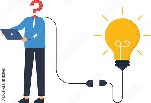 Businessman question mark head connecting lightbulb idea creative solution problem solving business innovation brainstorming inspiration finding answers laptop user