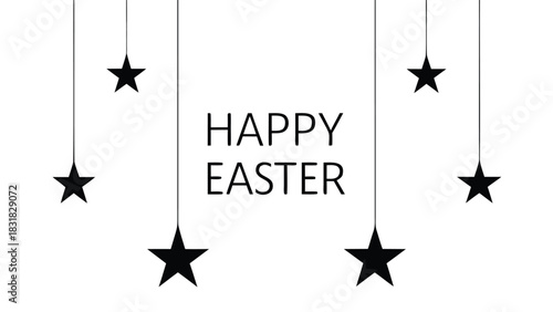 Minimalist happy easter greeting card with hanging black stars on a white background simple and elegant design for holiday celebrations