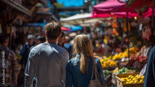 Wallpaper Mural A couple strolls through a crowded, colorful marketplace, viewed from behind. Vendors and produce visible Torontodigital.ca