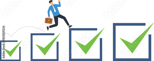 Businessman jumping across checkboxes for task completion career progress achieving goals checklist success project management business growth milestone achievement