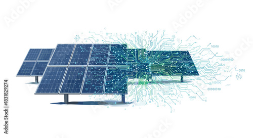 Solar Panels Generating Clean Energy with Digital Network Overlay, Generative AI.