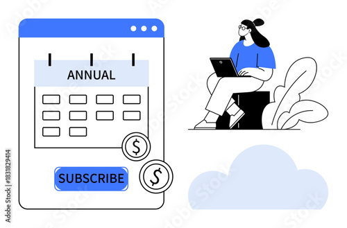 Subscription concept. Annual subscription calendar with dollar symbols highlights subscription-based services. Subscription model for businesses, billing systems, and customer engagement. Perfect