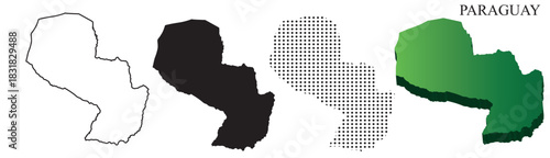 Paraguay Map Vector Set, South America Outline Silhouette Dotted 3D Solid Shapes, Country Infographic Template, Editable EPS Geography