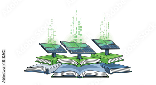 Solar Powered Books Representing Renewable Energy Education, Generative AI.