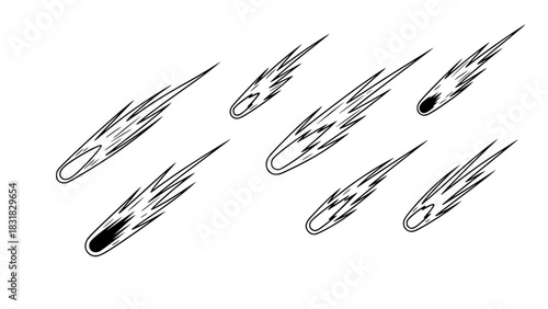 Multiple comets vector illustration, clean line art, black and white, varying tail shapes and sizes, isolated on white background, minimalist astronomy design