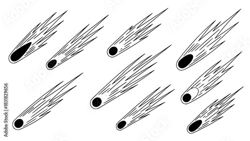 Multiple comets vector illustration, clean line art, black and white, varying tail shapes and sizes, isolated on white background, minimalist astronomy design
