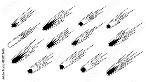 Multiple comets vector illustration, clean line art, black and white, varying tail shapes and sizes, isolated on white background, minimalist astronomy design