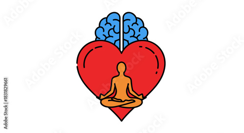 This vibrant illustration portrays a serene figure meditating within a heart, symbolizing the crucial connection between mental health and emotional well-being.