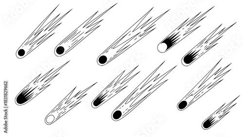 Multiple comets vector illustration, clean line art, black and white, varying tail shapes and sizes, isolated on white background, minimalist astronomy design