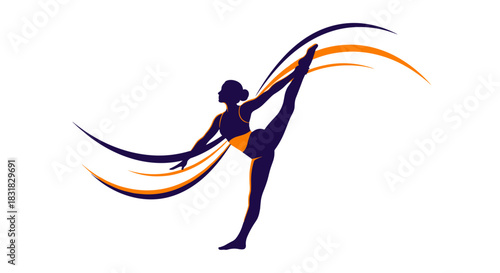 A dynamic silhouette of a female dancer performing an elegant high leg extension with flowing abstract lines, symbolizing grace, athleticism, and artistic movement.