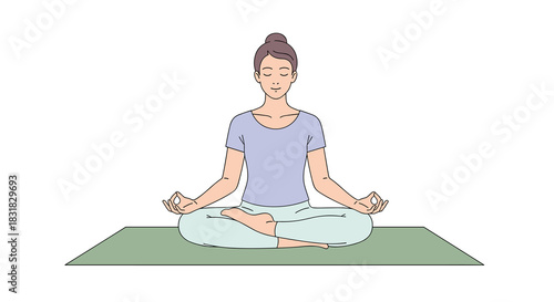 A serene woman practices mindful meditation in a tranquil lotus position on a yoga mat, embodying peace and spiritual well-being through ancient techniques.
