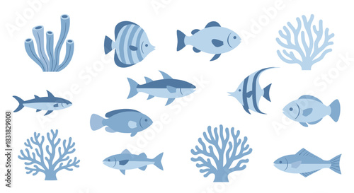 A vibrant collection of diverse blue fish and underwater coral reef elements, perfect for marine life and ocean-themed design projects.
